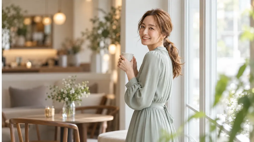窓辺で穏やかに過ごす日本人女性